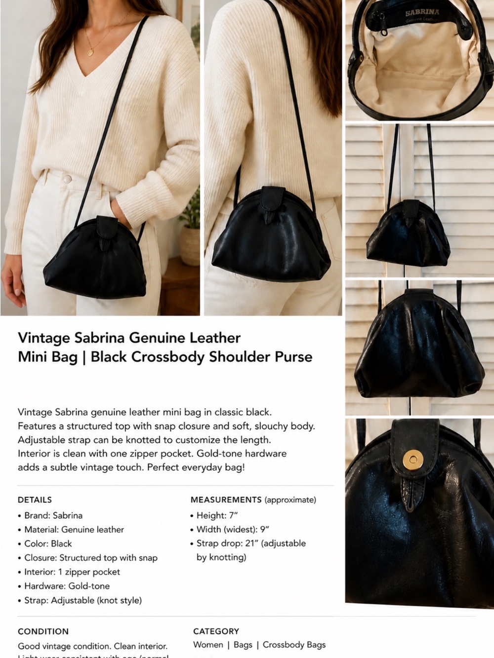 Vintage Sabrina Genuine Leather
Mini Bag | Black Crossbody Shoulder Purse
